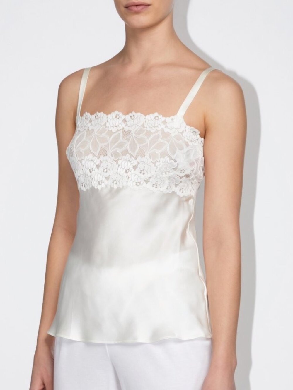 NWT JOSIE NATORI Lace-Top Silk Charmeuse Camisole in Warm White, Size XS